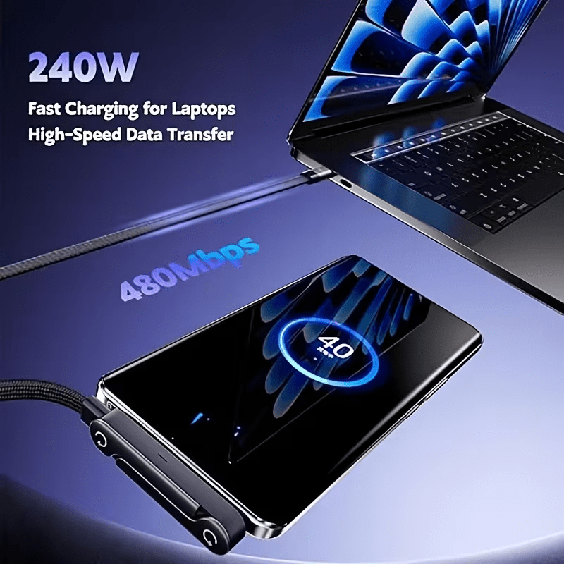 ⚡ 240W Foldable Dual Type-C Fast Charging Cable with Adjustable Stand – Super Fast Data Cable with Built-in Phone Holder 📱🔋