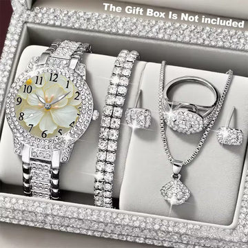⌚💎 6pcs Minimalist Quartz Watch & Jewelry Gift Set – Stainless Steel Shockproof Wristwatch with Matching Necklace, Earrings, Bracelet & Ring | Elegant Luxury Set for Women