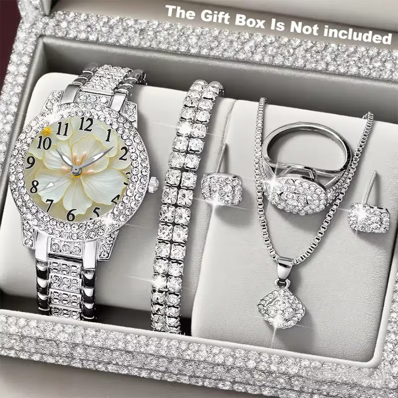 ⌚💎 6pcs Minimalist Quartz Watch & Jewelry Gift Set – Stainless Steel Shockproof Wristwatch with Matching Necklace, Earrings, Bracelet & Ring | Elegant Luxury Set for Women