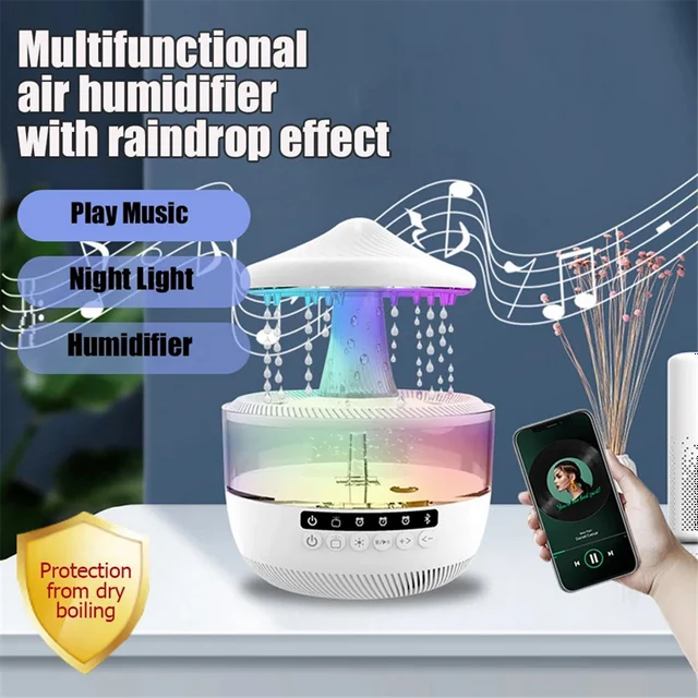 🌧️🎵 Audio Humidifier with Rain Effect – LED Aromatherapy Diffuser & Sleep Night Light