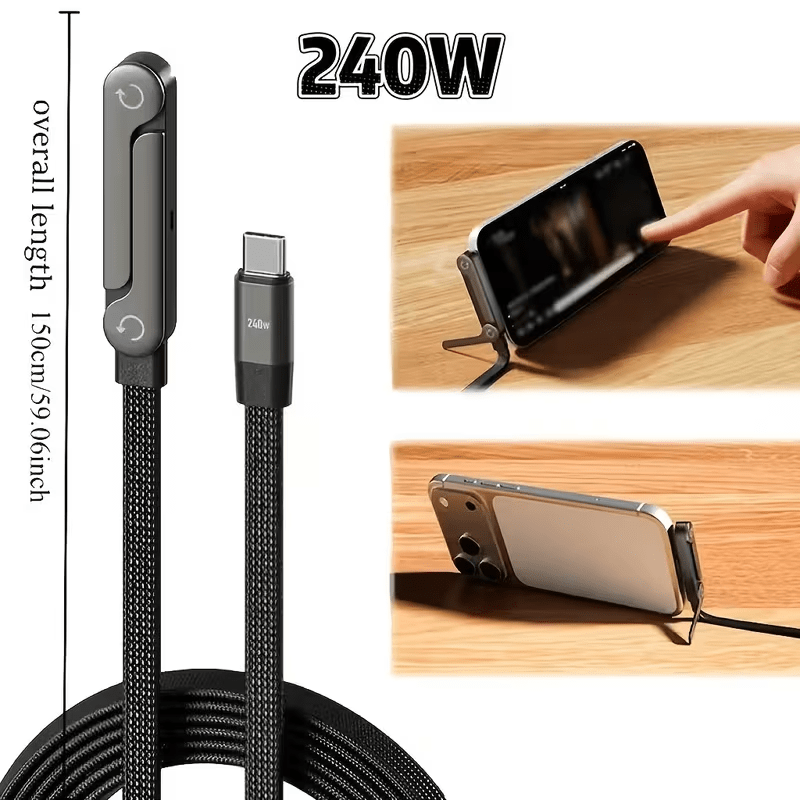 ⚡ 240W Foldable Dual Type-C Fast Charging Cable with Adjustable Stand – Super Fast Data Cable with Built-in Phone Holder 📱🔋