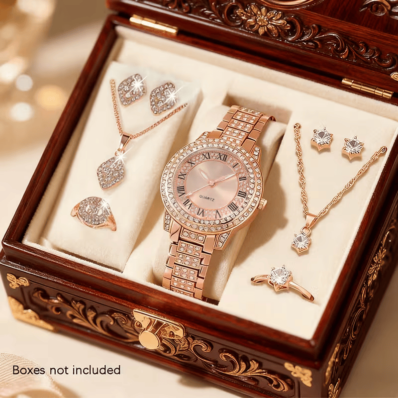 ✨ 9PCS Women’s Elegant Quartz Watch & Jewelry Set – Fashion Alloy Wristwatch with Shiny Necklaces, Rings & Earrings | Perfect Gift for Valentine’s Day, Ramadan & Christmas 🎁