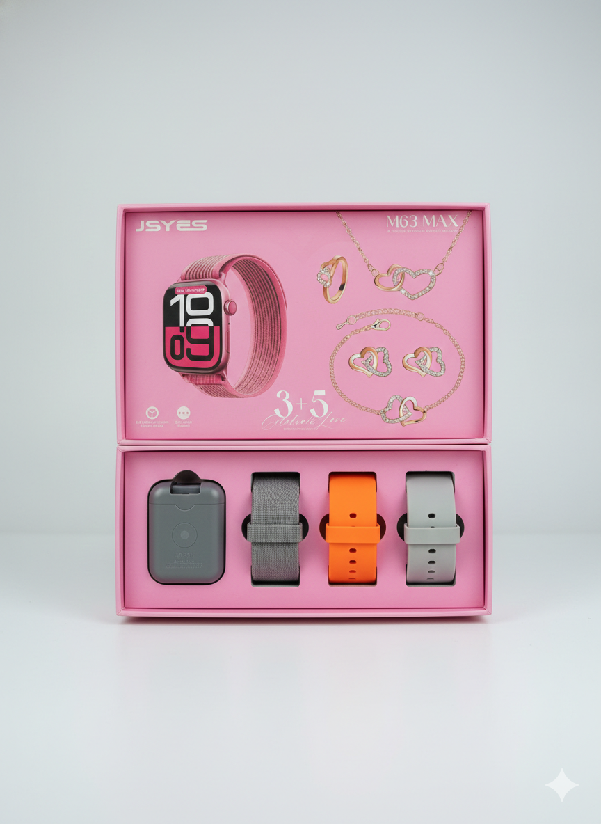 ⌚💖 Smartwatch & Jewelry Gift Set (3+5 Combo) – Luxury Watch with Heart Jewelry for Women
