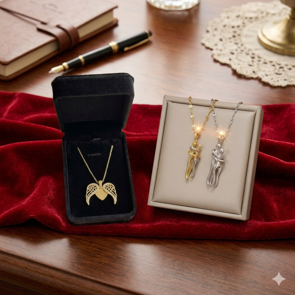 Elegant Couple Hug Pendant Necklace – Romantic Love Necklace with ear studs for Women | Gold Plated Heart Jewelry Gift for Girlfriend, Wife & Anniversary