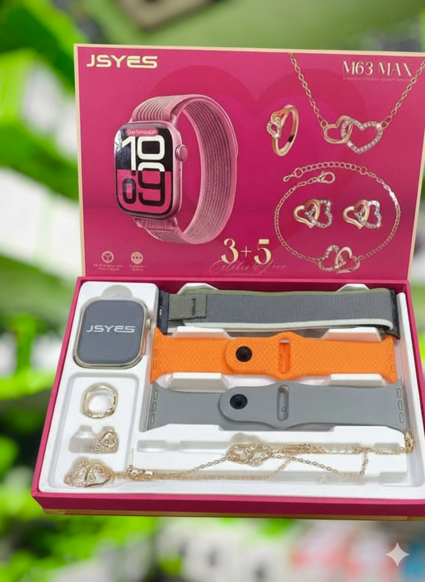 ⌚💖 Smartwatch & Jewelry Gift Set (3+5 Combo) – Luxury Watch with Heart Jewelry for Women