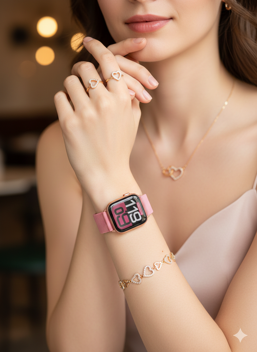 ⌚💖 Smartwatch & Jewelry Gift Set (3+5 Combo) – Luxury Watch with Heart Jewelry for Women