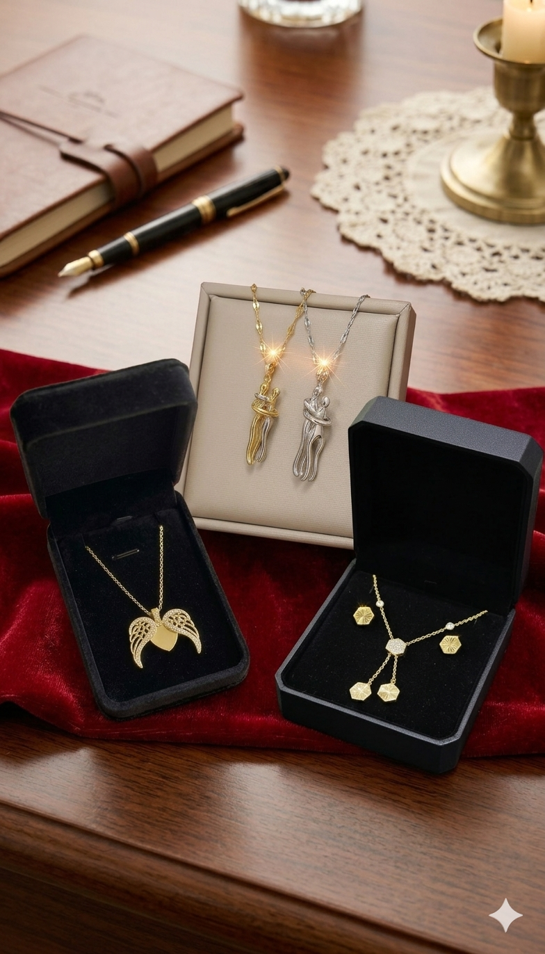 Elegant Couple Hug Pendant Necklace – Romantic Love Necklace with ear studs for Women | Gold Plated Heart Jewelry Gift for Girlfriend, Wife & Anniversary