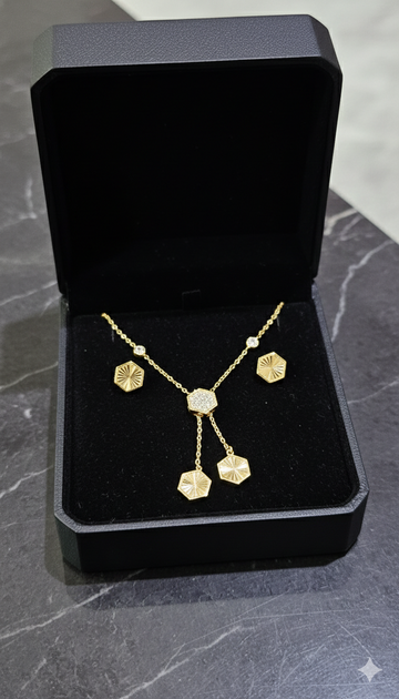 Elegant Hexagon Gold Necklace & Stud Earrings Set ✨ | Minimalist Geometric Jewelry for Women | Perfect Gift