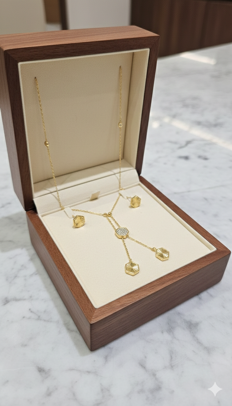 Elegant Hexagon Gold Necklace & Stud Earrings Set ✨ | Minimalist Geometric Jewelry for Women | Perfect Gift