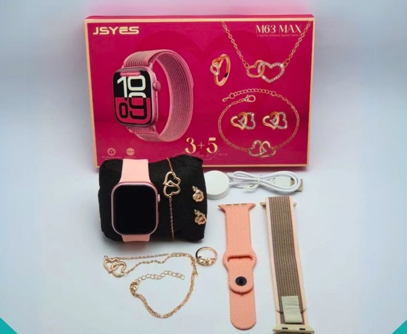 ⌚💖 Smartwatch & Jewelry Gift Set (3+5 Combo) – Luxury Watch with Heart Jewelry for Women