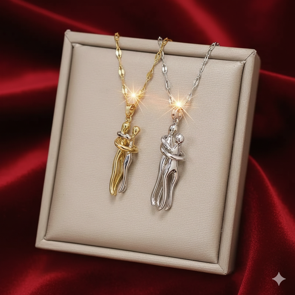 Elegant Couple Hug Pendant Necklace – Romantic Love Necklace with ear studs for Women | Gold Plated Heart Jewelry Gift for Girlfriend, Wife & Anniversary