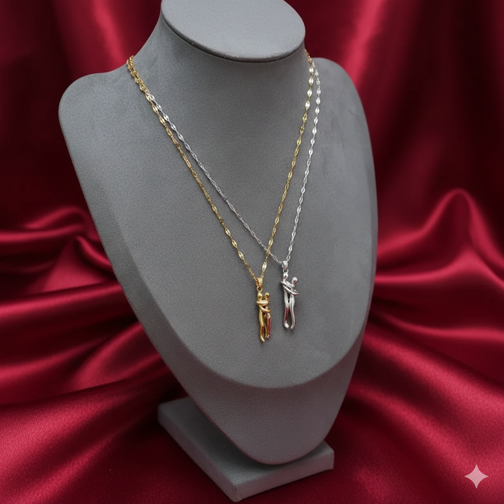 Elegant Couple Hug Pendant Necklace – Romantic Love Necklace with ear studs for Women | Gold Plated Heart Jewelry Gift for Girlfriend, Wife & Anniversary