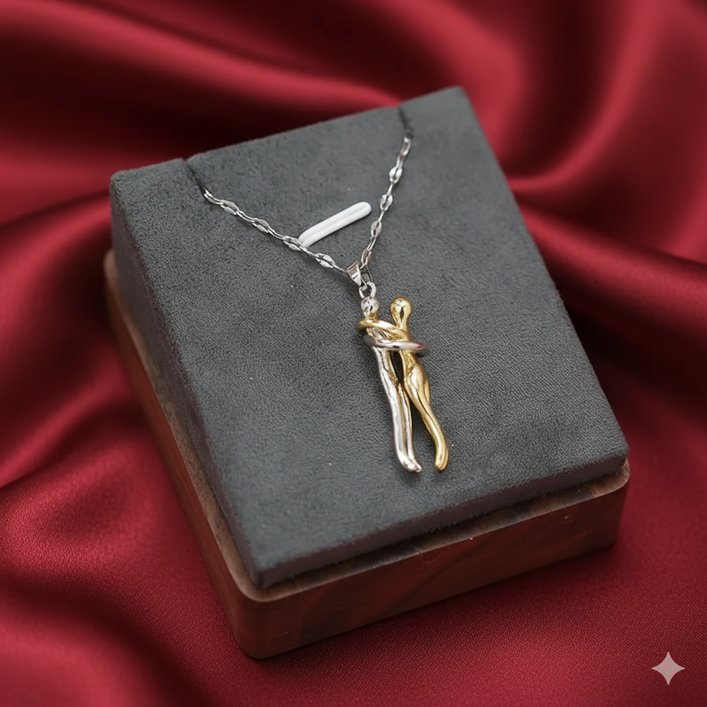 Elegant Couple Hug Pendant Necklace – Romantic Love Necklace with ear studs for Women | Gold Plated Heart Jewelry Gift for Girlfriend, Wife & Anniversary