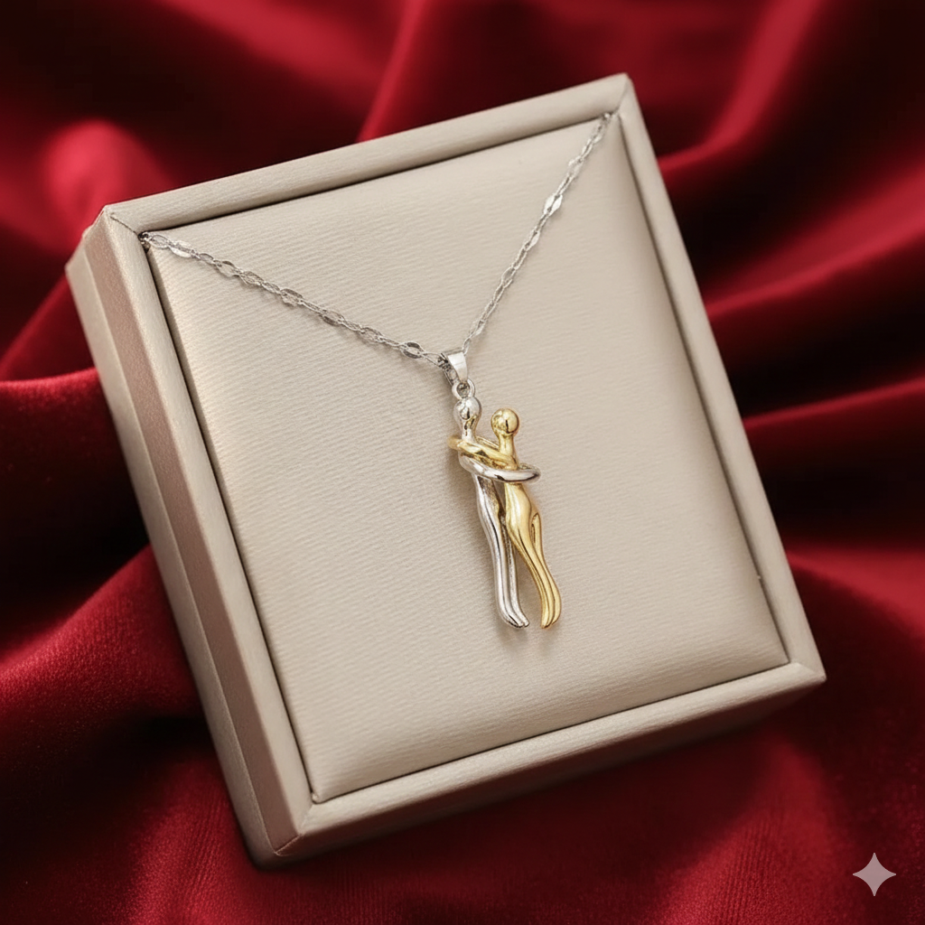 Elegant Couple Hug Pendant Necklace – Romantic Love Necklace with ear studs for Women | Gold Plated Heart Jewelry Gift for Girlfriend, Wife & Anniversary